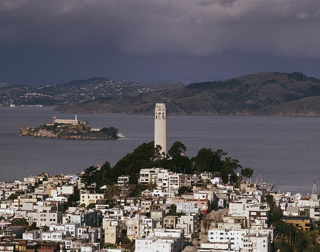 Coit Tower and Alcatraz view of San Francisco, California