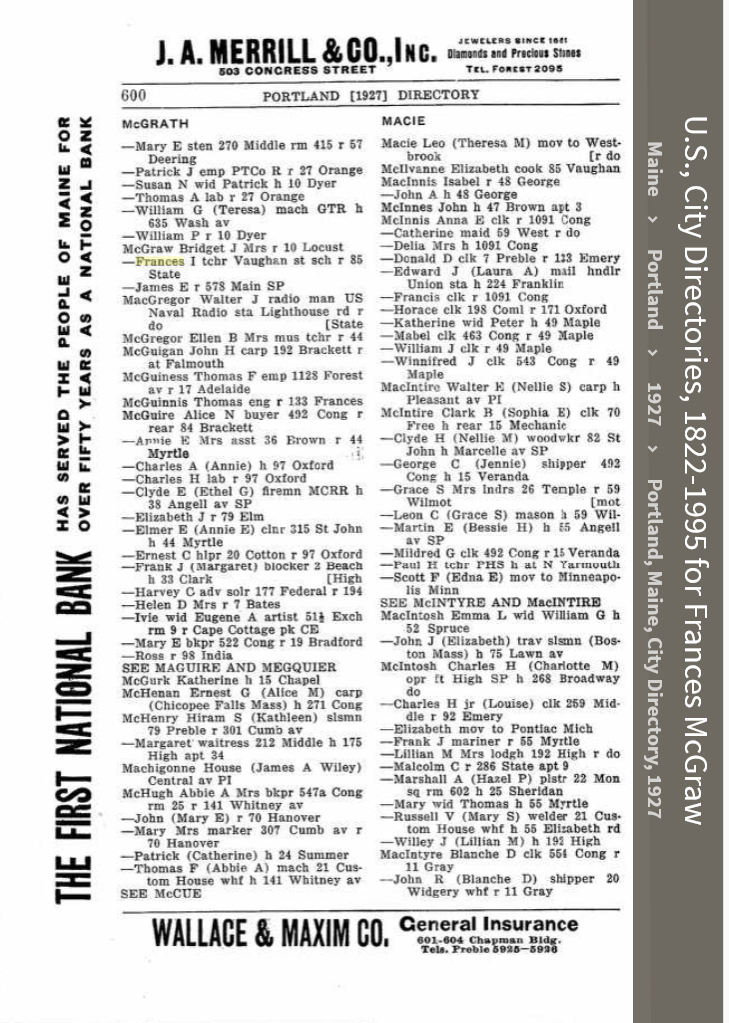 Frances Irene (Connellan) McGraw--U.S., City Directories, 1822-1995(1927)