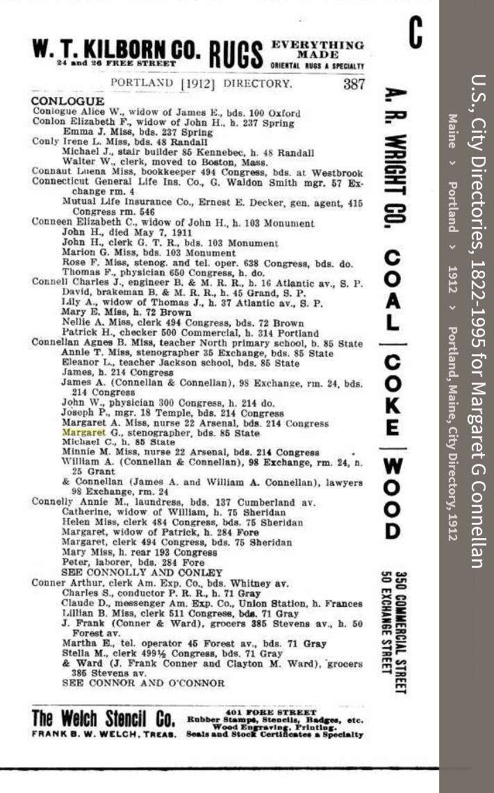 Margaret Gertrude Connellan--U.S., City Directories, 1822-1995(1912)