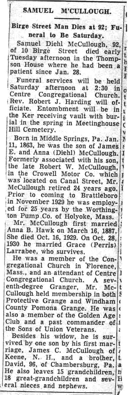 Samuel McCullough, 1955 obituary Vermont