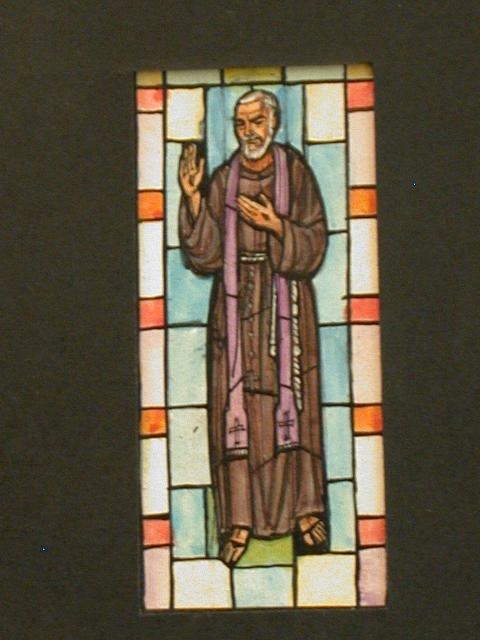 [Design drawing for stained glass window with saint,...