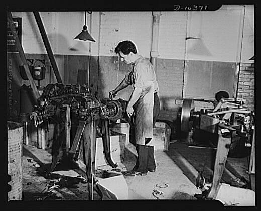 Left, operator attends rebuilt automatic cotter pin...