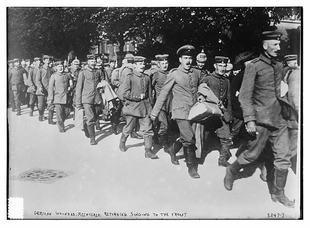 German Wounded, recovered, returning singing to the front