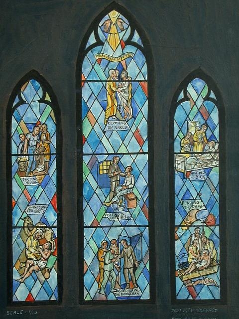 [Design drawing for stained glass window showing The...