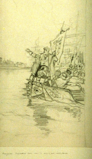 [Man, probably an explorer, in prow of boat, holding banner]