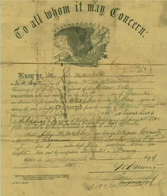 John H. McElroy Civil War Discharge Paper
