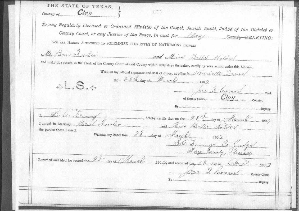Belle Holder and Ben Fowler Marriage Certificate