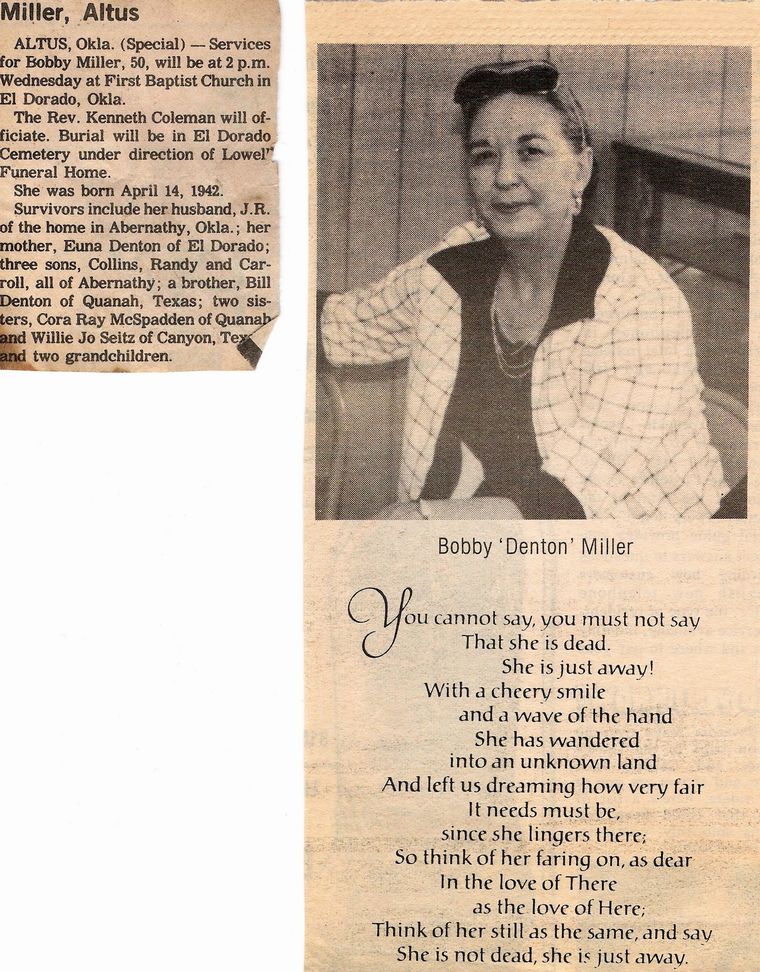 Obituary of Bobby Blanche Denton Miller