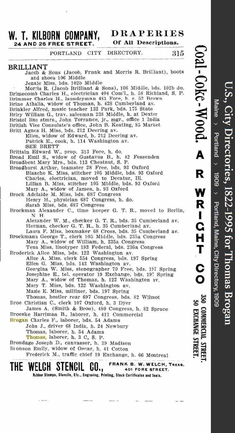 Thomas Michael Brogan --U.S., City Directories, 1822-1995(1909)