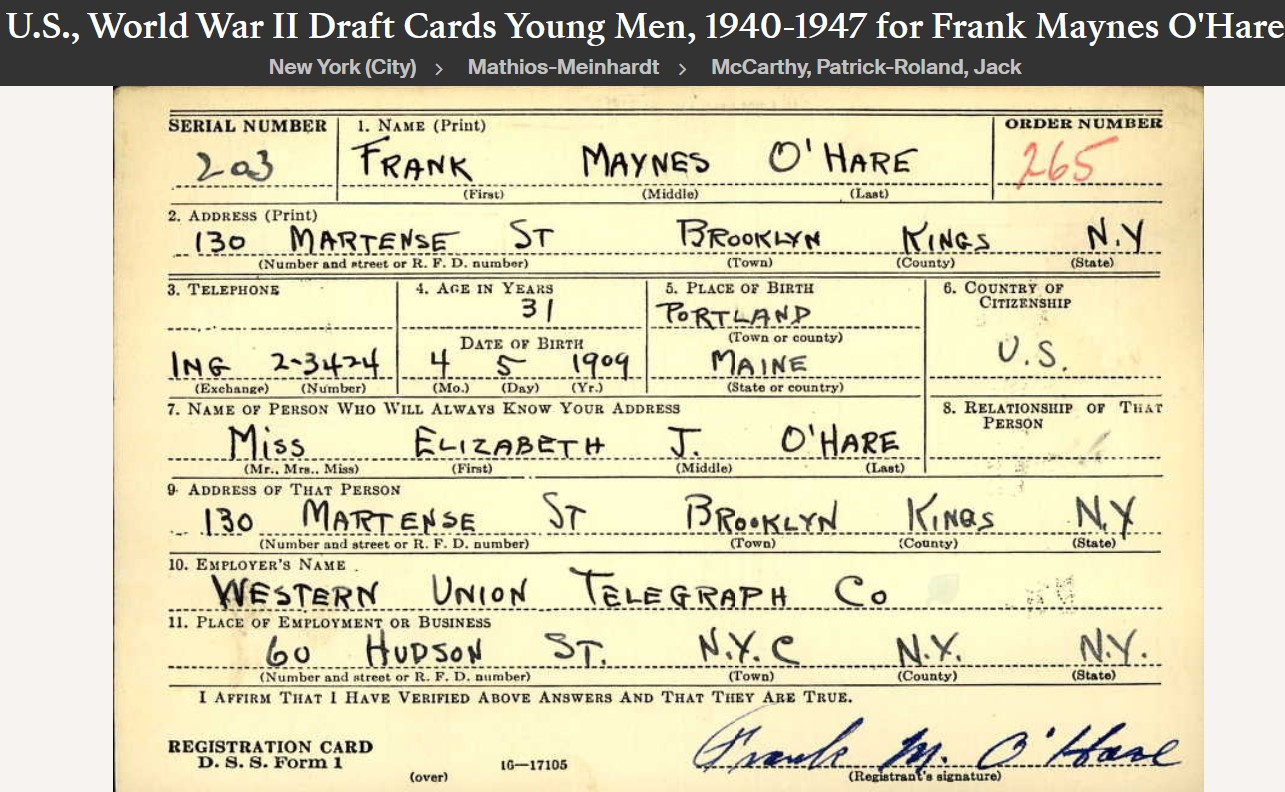 Francis Maynes O'Hare--U.S., World War II Draft Cards Young Men, 1940-1947 (16 oct 1940)