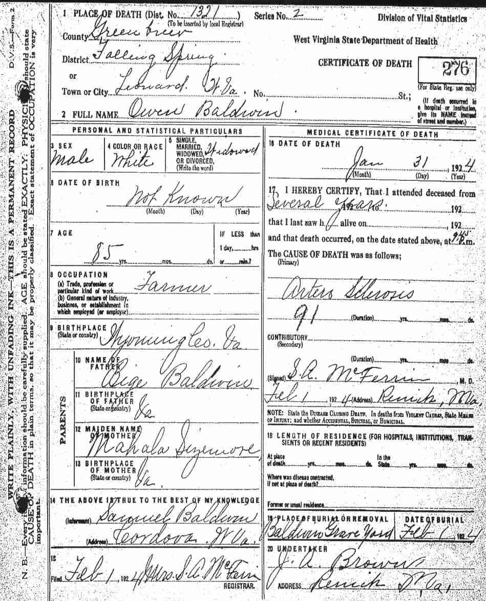 Death Certificate of Owen Baldwin