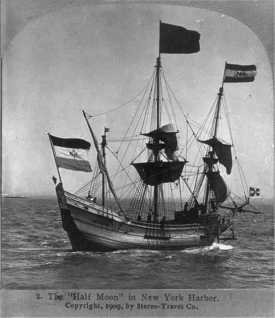 The HALF MOON [sailing ship, with bow in left foreground]...