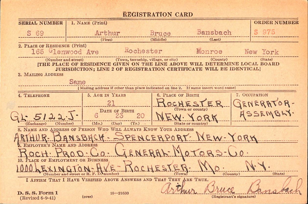 Arthur  Bruce Bansbach - World War 2 Draft Registration Card