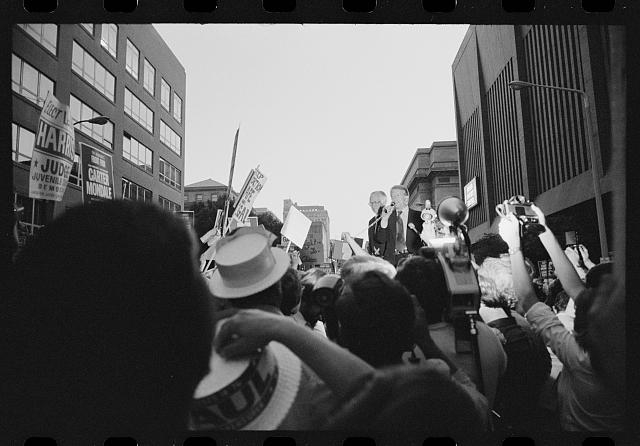 [Jimmy Carter at a street rally during a campaign stop in...