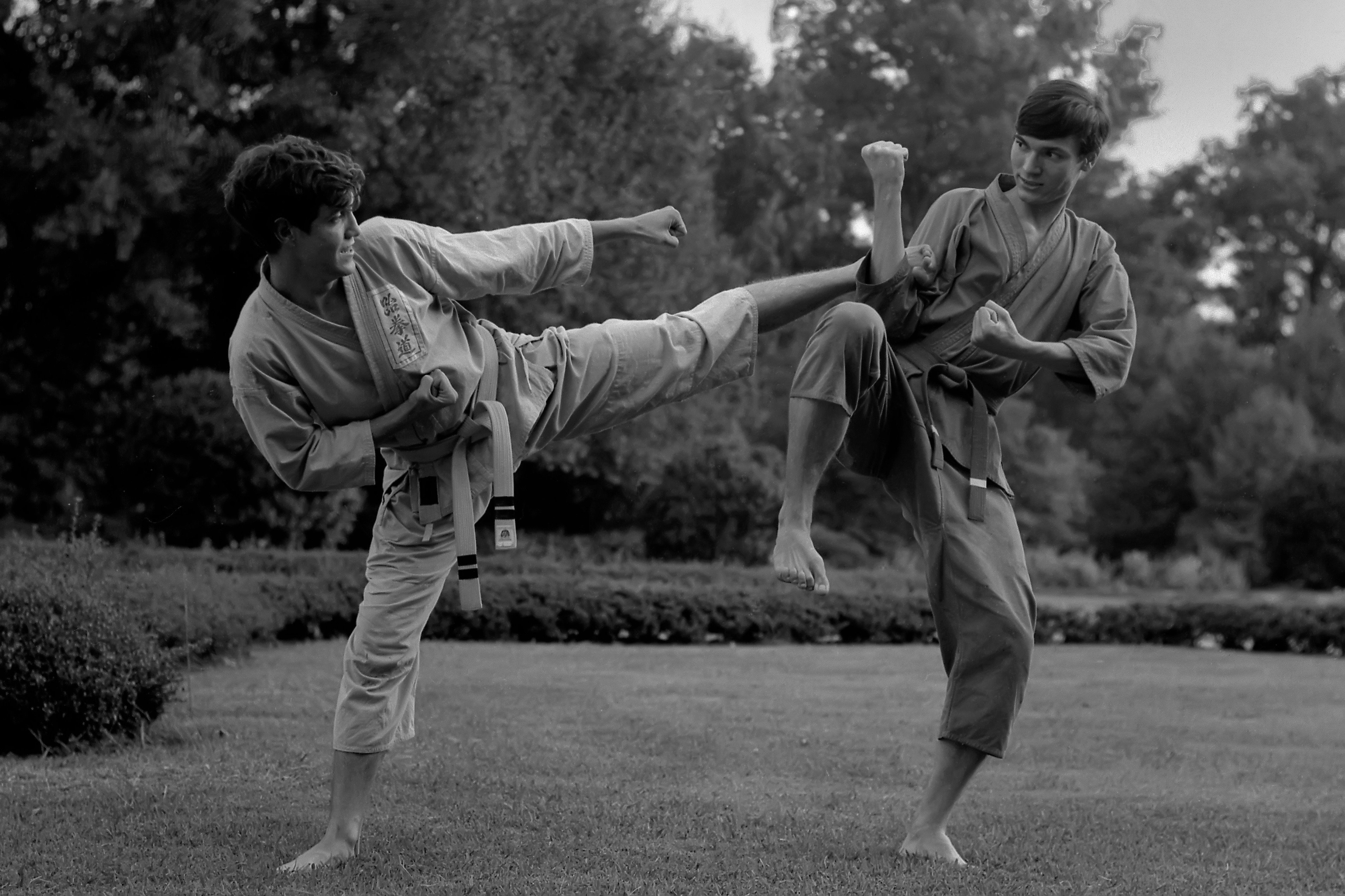 Dan and Bill practicing Tae Kwon Do in Overton Park
