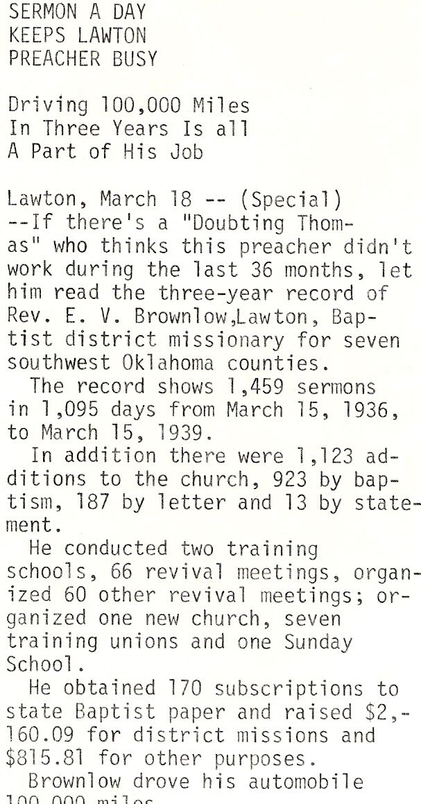 1939 Reverend Emory Vinson "Jack" Brownlow Report
