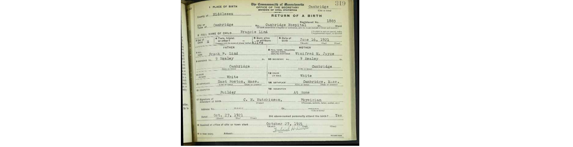 Frank Anthony Lind --Birth Record