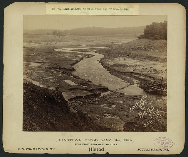 Bed of lake looking from top of broken dam, Johnstown...