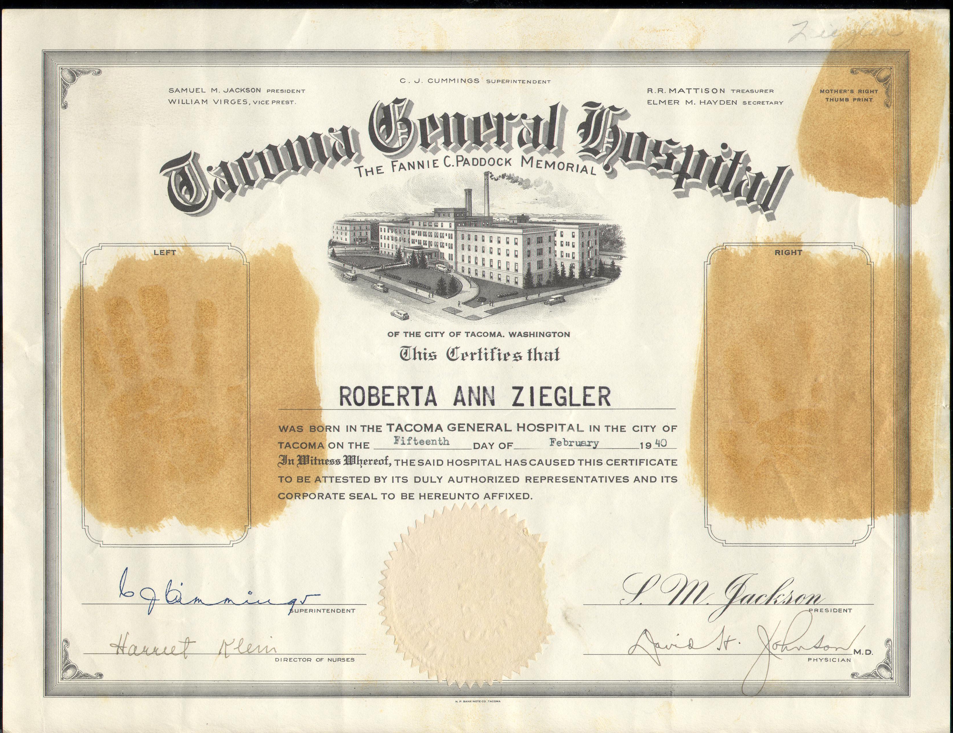 Roberta A Ziegler birth certificate