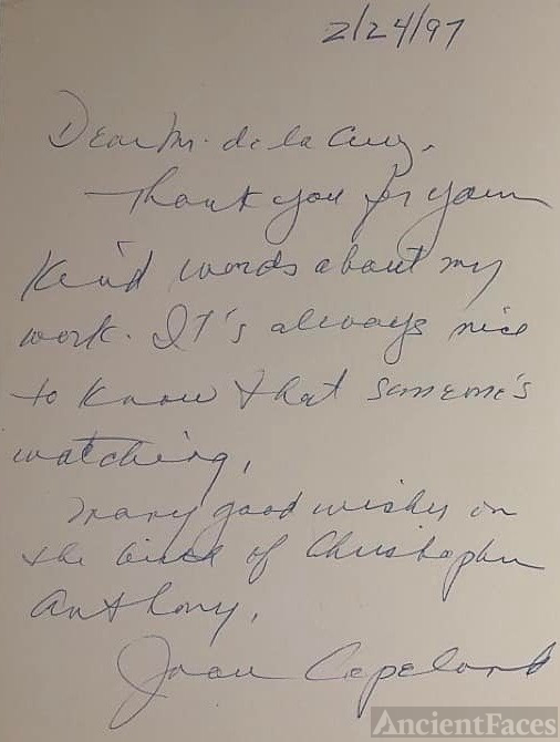 Letter to Tony de la Cruz from Joan Copeland.