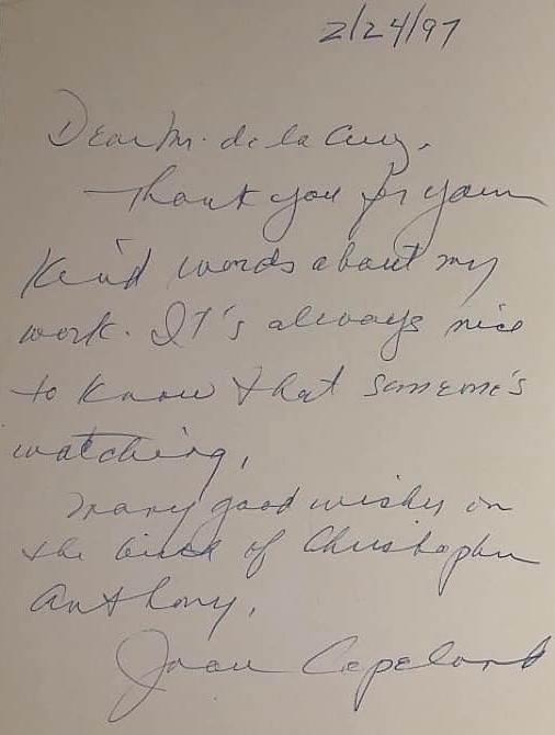 Letter to Tony de la Cruz from Joan Copeland.