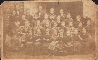 Group of (school?) girls (with teachers?) probably before 1900 possibly in St. Petersburg (Russia) or in Pomerania