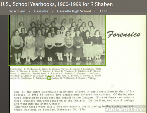 Ruth Ann Shaben--U.S., School Yearbooks, 1900-1999(1956) Forensics
