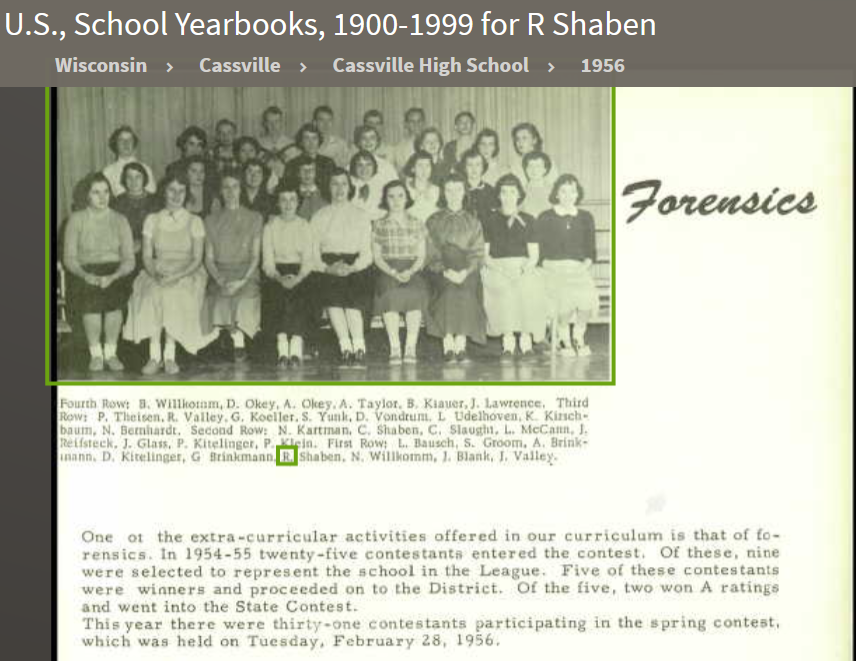 Ruth Ann Shaben--U.S., School Yearbooks, 1900-1999(1956) Forensics