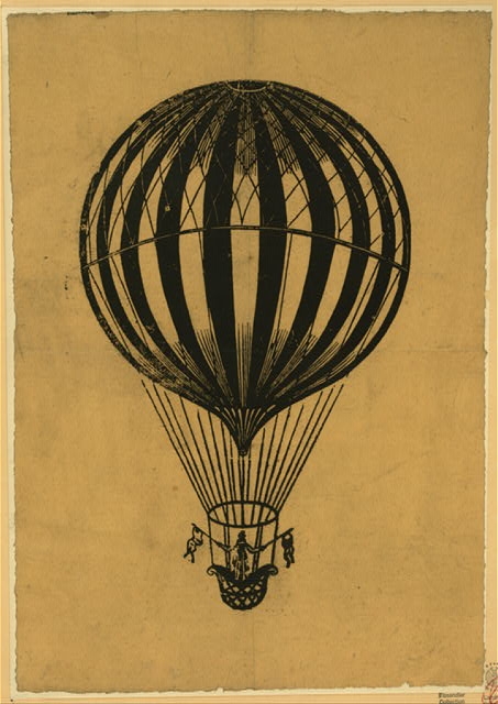 [Woman stands in the basket of a balloon holding flags]