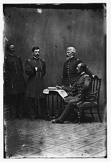 McClellan and staff. L to R: Capt. Clark, Gen. McClellan,...