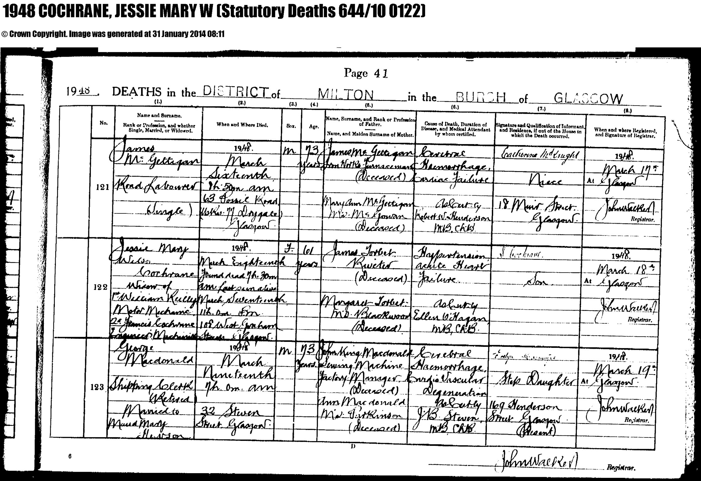 Jessie (Wilson) Reilly death certificate