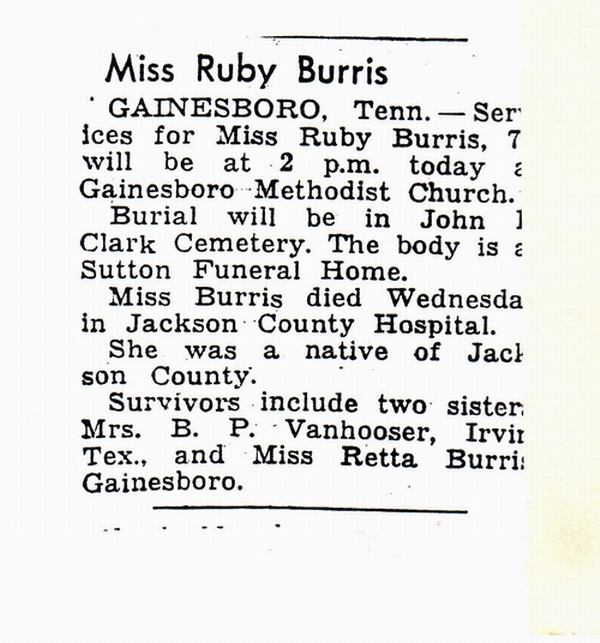 Ruby Pearl BURRIS obit. - 17 July 1891 - 07 November 1962