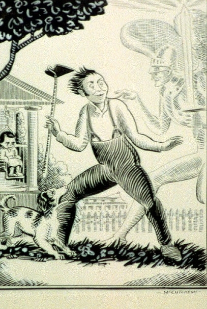 [Ghost appearing to farmer with hoe and dog]