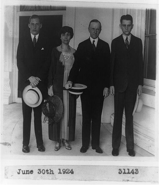 [President and Mrs. Coolidge with sons, full-length...