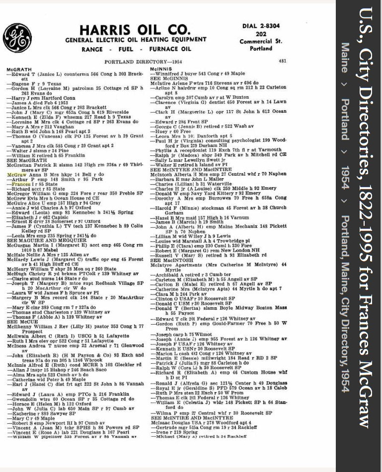 Frances Irene (Connellan) McGraw --U.S., City Directories, 1822-1995(1954)a