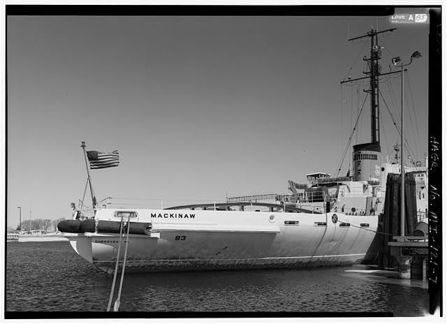 DETAIL VIEW FROM SHORE OF STARBOARD STERN QUARTER, TOWING...