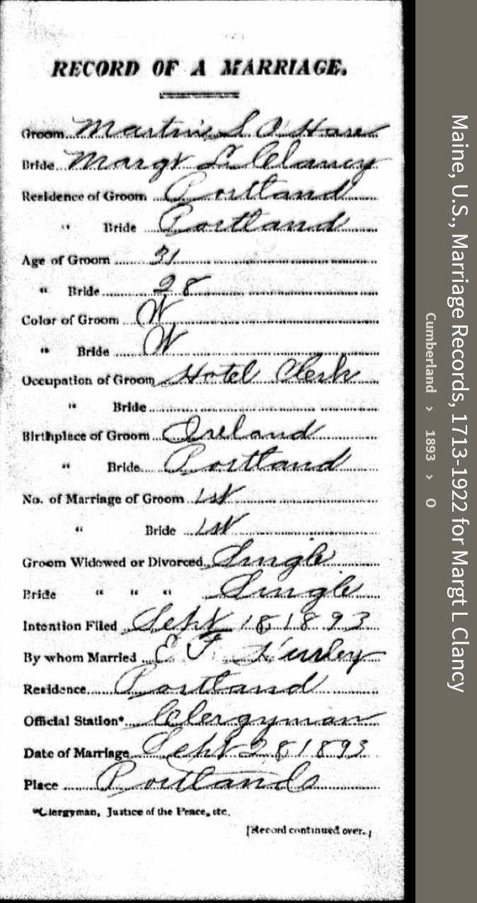 Martin Scanlan O'Hare to Margaret Lee Clancy-O'Hare--Maine, U.S., Marriage Records, 1713-1922(1893)