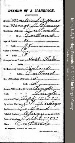 Margaret Lee Clancy-O'Hare--Maine, U.S., Marriage Records, 1713-1922(1893)
