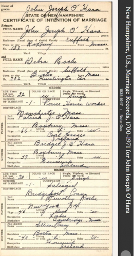 John Joseph O'Hara --New Hampshire, U.S., Marriage Records, 1700-1971