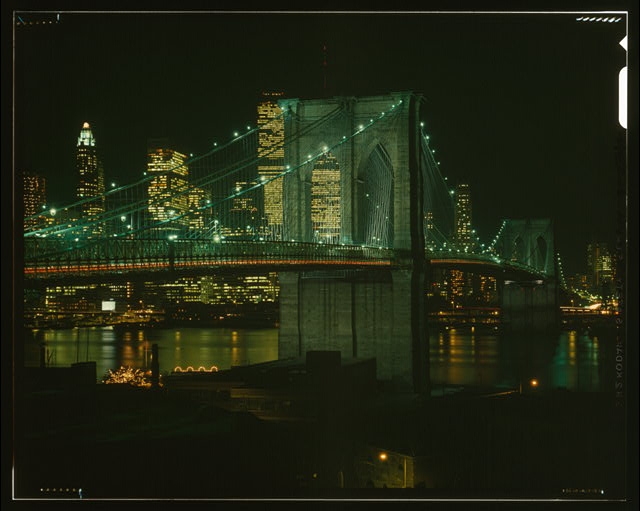 NIGHT VIEW LOOKING NORTHWEST SHOWING BRIDGE LIGHTED -...