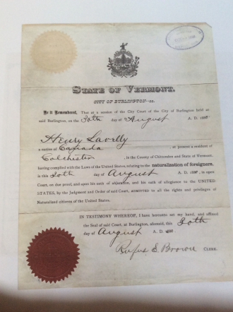 Henry Lavallee NATURALIZATION DOCUMENT 1880