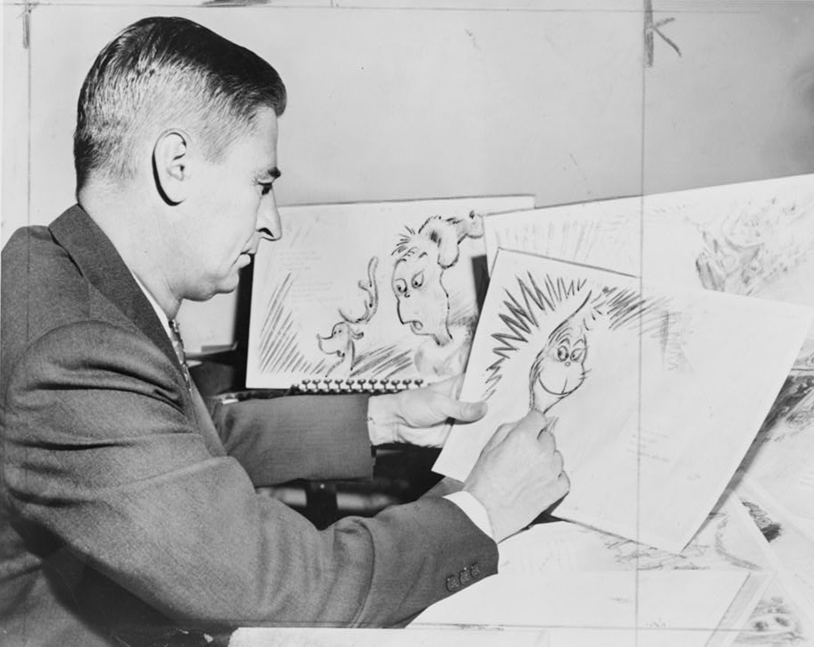 Dr Seuss drawing the Grinch 1957