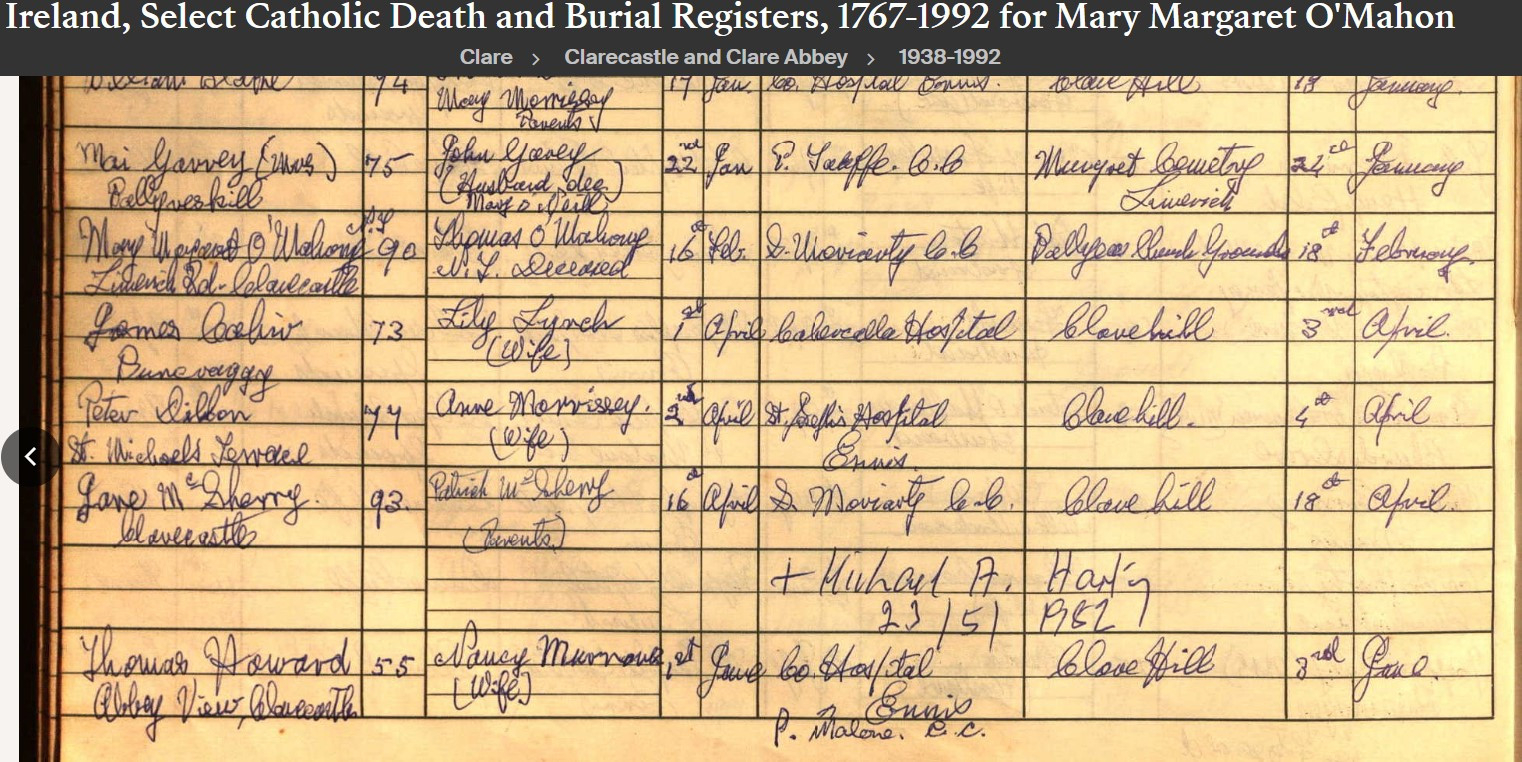 Mary Margaret (Hehir) O'Mahony--Ireland, Select Catholic Death and Burial Registers, 1767-1992 a