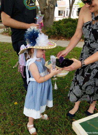 Daughter Elisabeth of James Seton Fairhurst winning the Kentucky Derby hat contest in New Smyrna Beach, Florida 2019