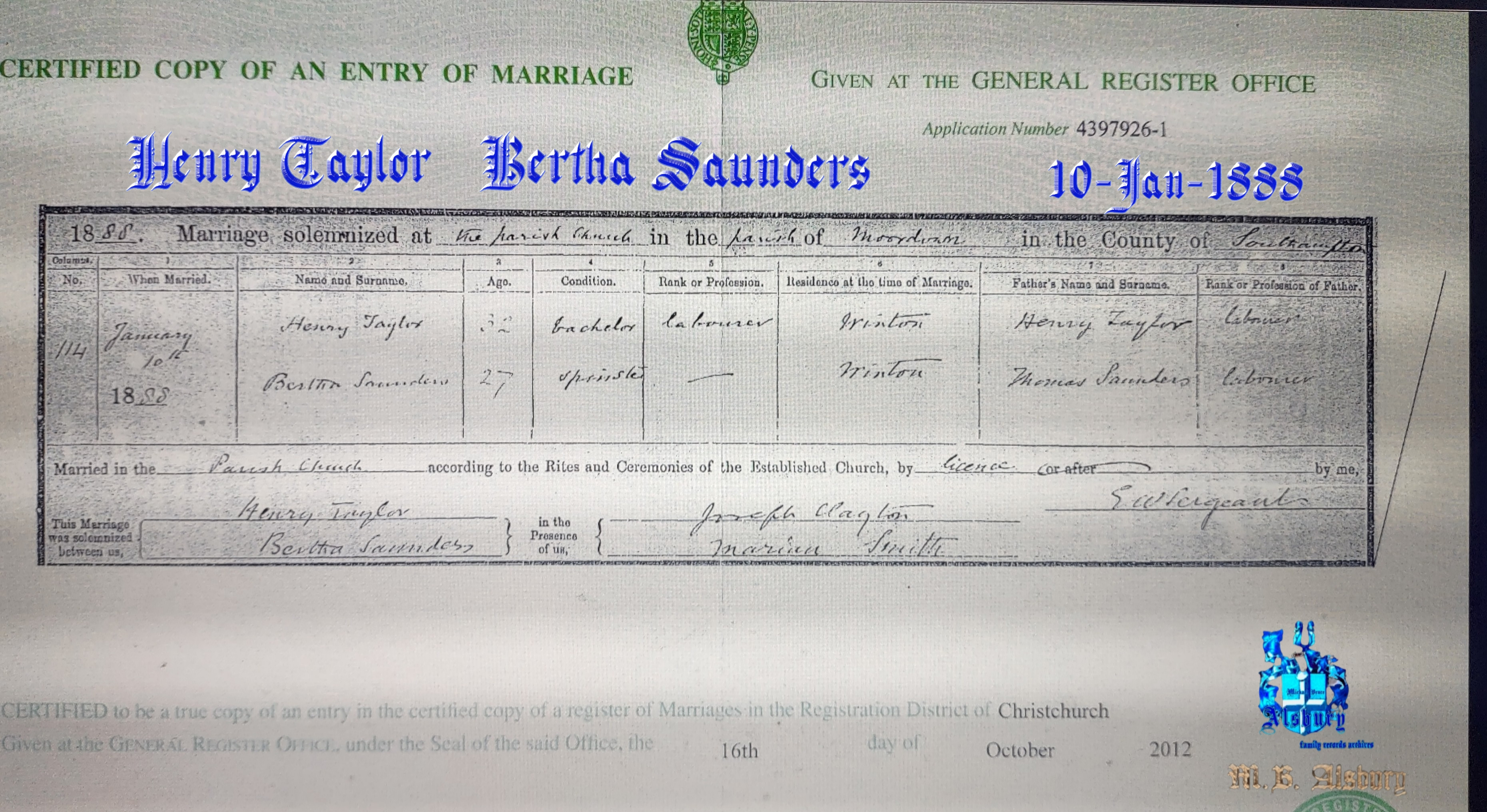 Henry George Taylor & Bertha Saunders marriage record 