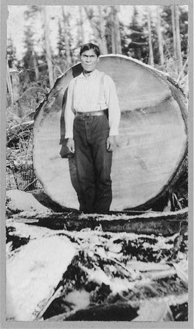 Wood cutter standing in front of log with a diameter...