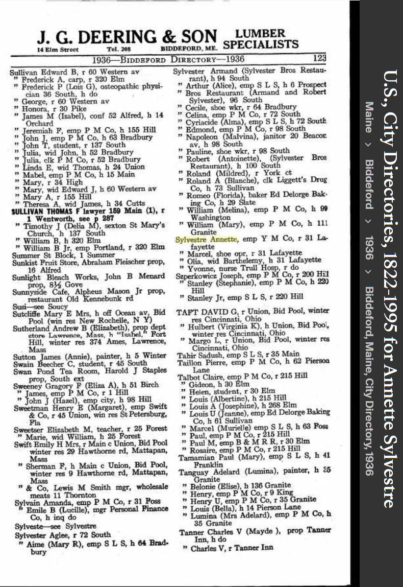 Marie Laurence "Annette" (Sylvestre) Honan --U.S., City Directories, 1822-1995(1936)