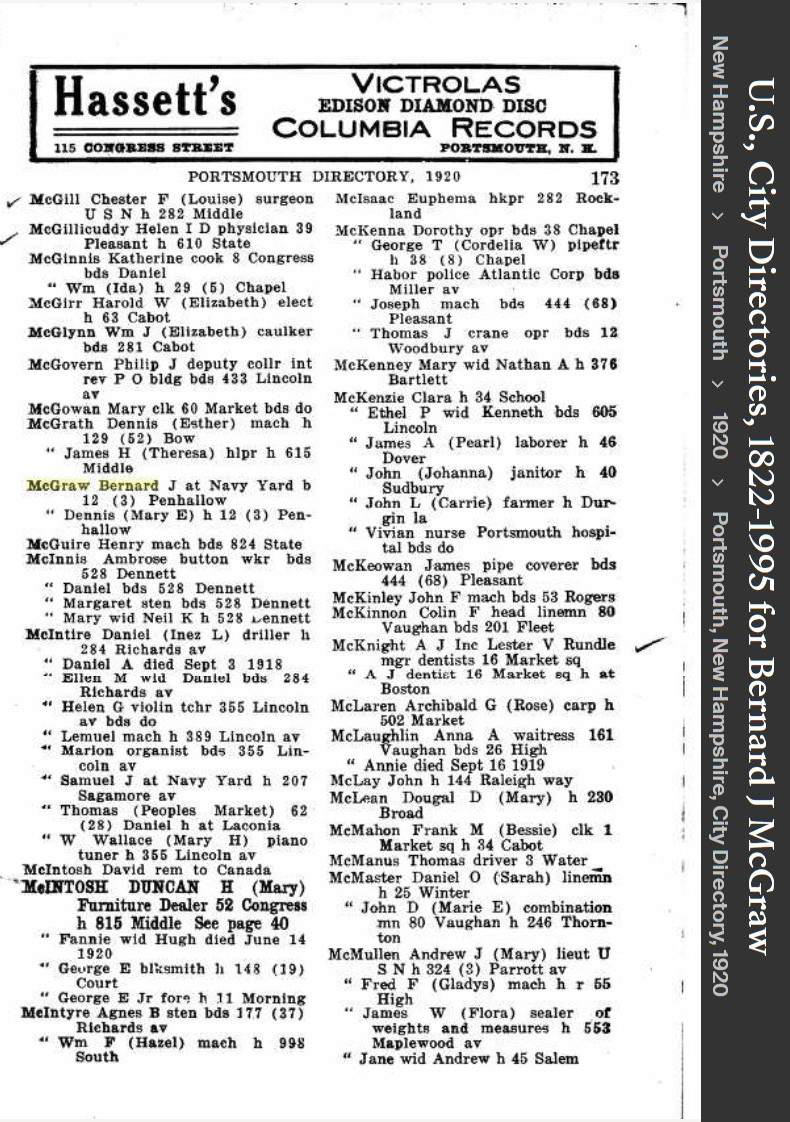 Bernard James McGraw--U.S., City Directories, 1822-1995(1920)