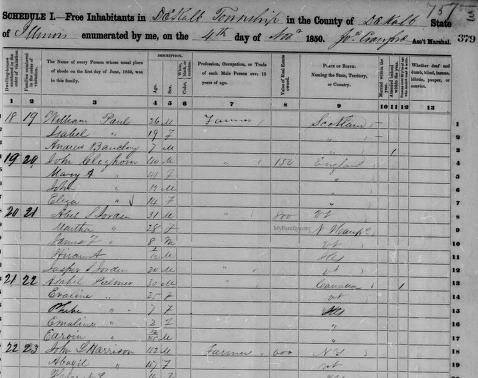 Ashael Palmer and Evaline Carter Palmer family census 1850 Dekalb, Dekalb, Illinois