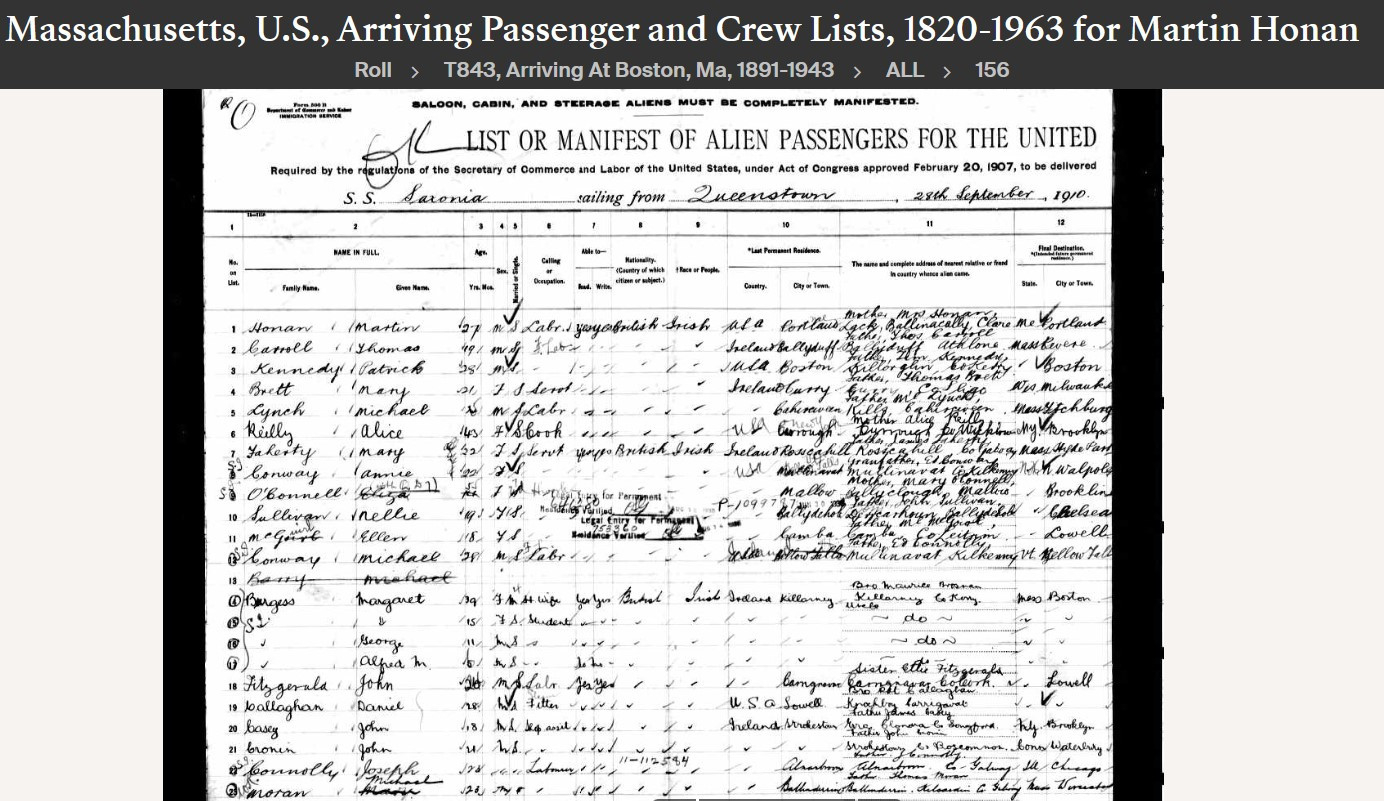 Martin Matthew Honan  Sr--Massachusetts, U.S., Arriving Passenger and Crew Lists, 1820-1963(28 sep 1910)